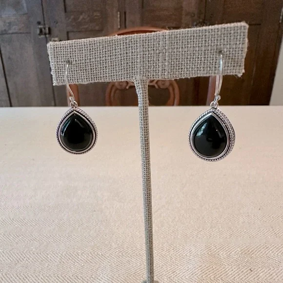 Sterling Silver Black Onyx Teardrop Dangle Earrings French Wire Classic - Picture 5 of 10